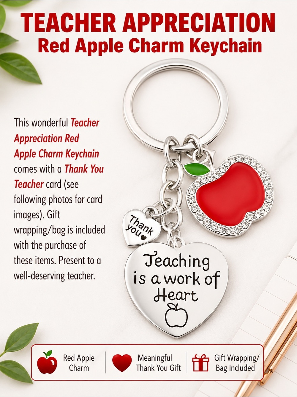 Teacher Appreciation Red Apple Charm Keychain with FREE Thank You Teacher Card